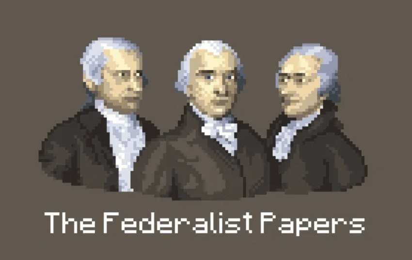 Pixel art of three men in 18th-century attire representing the Federalist Papers authors.
